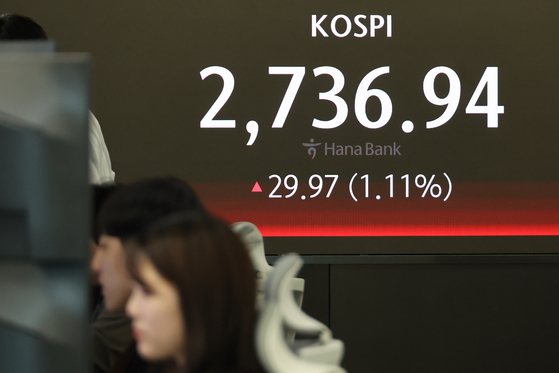 A screen in Hana Bank's trading room in central Seoul shows the stock market prices as it opens on Thursday. [YONHAP]