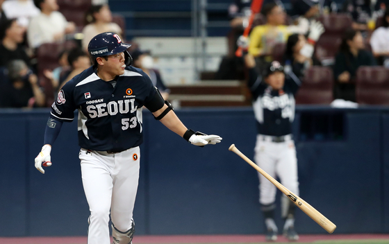 Doosan Bears infielder Yang Suk-hwan flips his bat after hitting a home run during a KBO game against the Kiwoom Heroes at Gocheok Sky Dome in western Seoul on May 16, 2023. [NEWS1] 