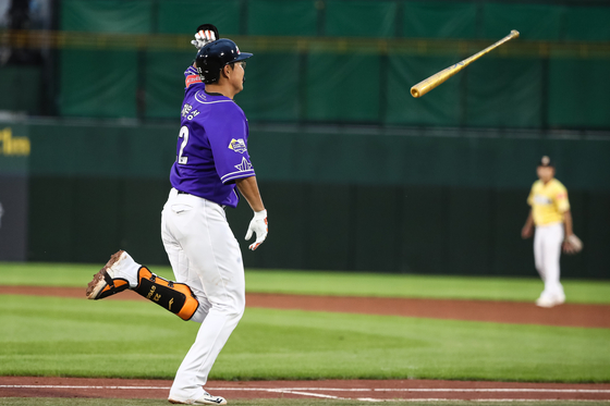 Hanwha Eagles outfielder Chae Eun-Seong flips his bat after hitting a home run during the 2023 KBO All-star game at Sajik Baseball Stadium in Busan on July 15, 2023. [NEWS1]