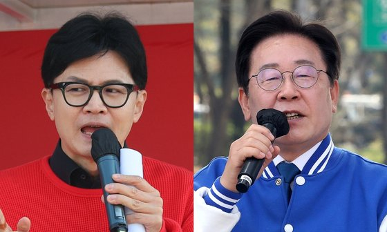 From left: People Power Party leader Han Dong-hoon rallies supporters for the party's candidate at a marketplace in South Chungcheong on Sunday. Democratic Party leader Lee Jae-myung speaks during a campaign near Yangjae Station in Seocho District, southern Seoul, on Sunday. [YONHAP/NEWS1]