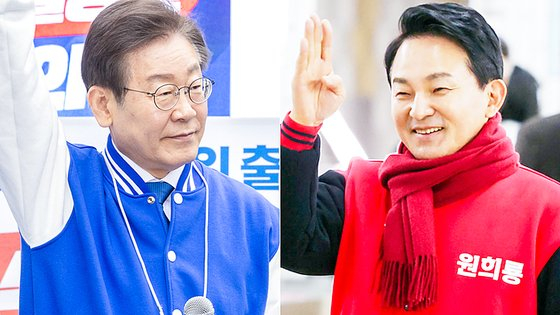 Democratic Party leader Lee Jae-myung, left, and former Land Minister Won Hee-ryong. Lee and Won are running for Incheon's Gyeyang-B constituency in the April 10 general election. [JOONGANG PHOTO]