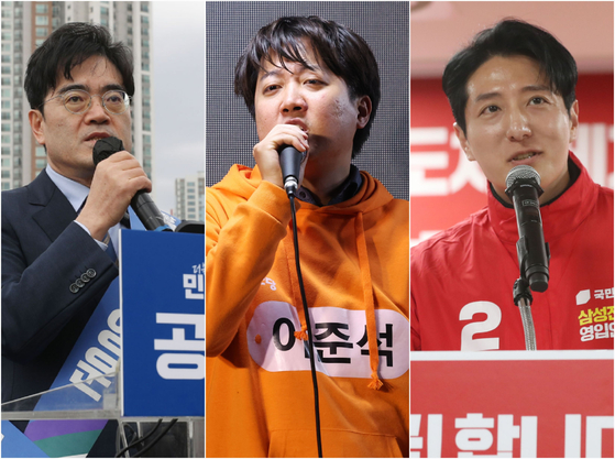 From left: Democratic Party candidate Gong Young-woon, Reform Party leader Lee Jun-seok, and People Power Party candidate Han Jung-min speak during their election campaign for the Hwaseong-B District in Gyeonggi. [NEWS1, YONHAP]