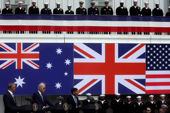 U.S. President Joe Biden, Australian Prime Minister Anthony Albanese and British Prime Minister Rishi Sunak deliver remarks on the Aukus partnership, after a trilateral meeting at Naval Base Point Loma in San Diego, California on March 13, 2023. [REUTERS/YONHAP]