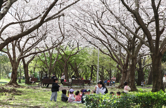 Children hold a spring picnic at Sinsan Park in Jeju City, Jeju, on April 1. [YONHAP]