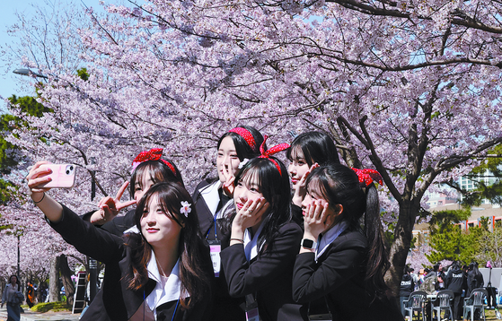 Students at Pukyong National University in Nam District, Busan, take photos dressed up in their high school uniforms as a fun ritual for April Fools' Day on April 1. [JOONGANG ILBO] 
