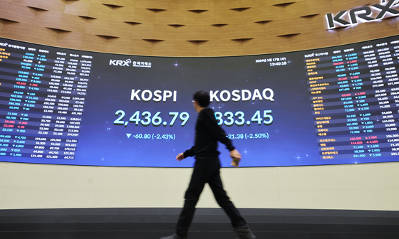 A person walks by the stock board at the Korea Exchange in Yeouido, western Seoul on Jan. 17, the day when the Yoon Suk Yeol administration announced the abolition of a planned capital gains tax on stock trading gains. [YONHAP]