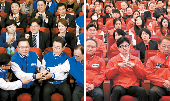 Left: Democratic Party (DP) leader Lee Jae-myung, second from right, shakes hands with other party officials in the National Assembly in Yeouido, western Seoul, after exit poll results released on Wednesday evening predicted a landslide victory for the DP. Right: People Power Party (PPP) interim leader Han Dong-hoon, center, closes his eyes while watching election coverage in the PPP's situation room inside the legislature. [JOINT PRESS CORPS] 