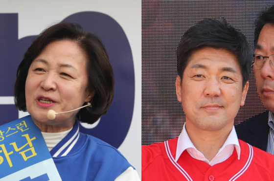 Democratic Party candidate Choo Mi-ae, left, and Rep. Lee Yong of the People Power Party speak during their election campaigns for the Hanam-A District of Gyeonggi. [NEWS1]