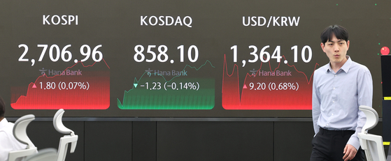 A screen in Hana Bank's trading room in central Seoul shows the Kospi closing at 2,706.96 points on Thursday, up 0.07 percent, or 1.80 points, from the previous trading session. [YONHAP]