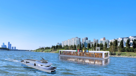 A river bus passes a dock on the Han River in a rendered image provided by the Seoul city government on Sunday. [SEOUL METROPOLITAN GOVERNMENT]