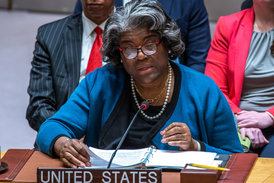 U.S. Ambassador to the United Nations Linda Thomas-Greenfield speaks during a UN Security Council meeting at the United Nations headquarters in New York on March 22, 2024. [AFP/YONHAP]