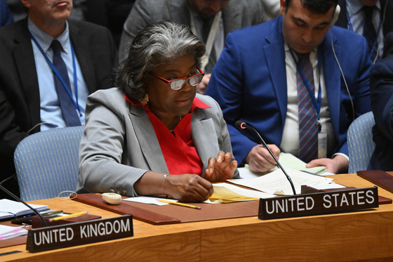 U.S. Ambassador to the UN Linda Thomas-Greenfield speaks during a Security Council meeting at the UN headquarters in New York on March 25, 2024. [AFP/YONHAP]