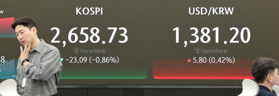 A screen in Hana Bank's trading room in central Seoul shows the stock market prices as it opens on Monday. [YONHAP] 