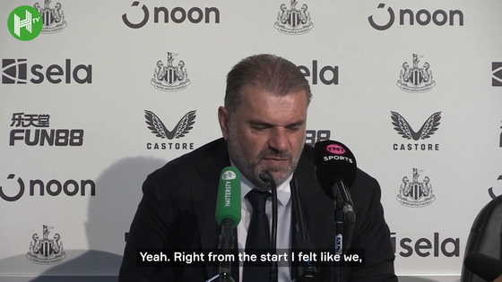 Tottenham Hotspur manager Ange Postecoglou speaks after his side's 4-0 loss to Newcastle United in the Premier League on Saturday. [ONE FOOTBALL] 
