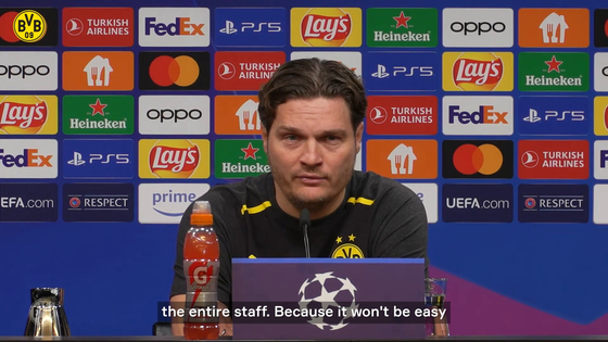 Borussia Dortmund manager Edin Terzic speaks in a press conference ahead of the second leg of the Champions League quarterfinals against Atletico Madrid on Tuesday. [ONE FOOTBALL]