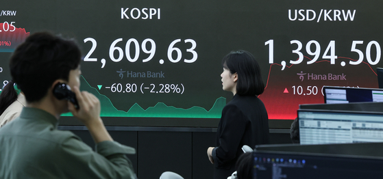 Electronic displays at Hana Bank in central Seoul show the Kospi and the won-dollar foreign exchange rate on Tuesday. The won sharply depreciated against the dollar on Tuesday, up 0.76 percent or 10.50 won from the previous trading day to close at 1,394.50, amid intensified geopolitical tension in the Middle East. The Kospi closed down 2.28 percent from the previous trading day. [NEWS1]