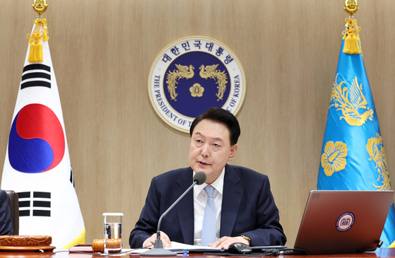 President Yoon Suk Yeol speaks during a Cabinet meeting at the Yongsan presidential office in central Seoul on Tuesday. [JOINT PRESS CORPS]