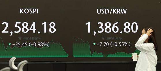 A screen in Hana Bank's trading room in central Seoul shows the Kospi closing at 2,584.18 points on Wednesday, down 0.98 percent, or 25.45 points, from the previous trading session. [NEWS1]