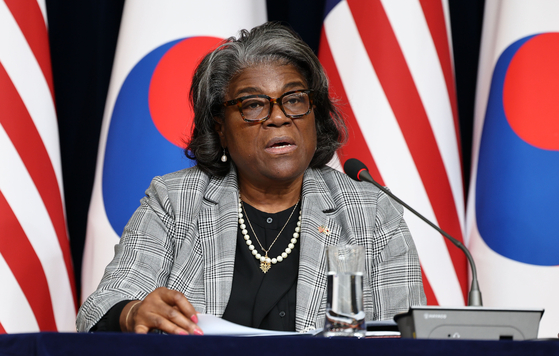 U.S. Ambassador to the UN Linda Thomas-Greenfield speaks during a press conference at the U.S. Embassy compound in Seoul on Wednesday. [YONHAP]