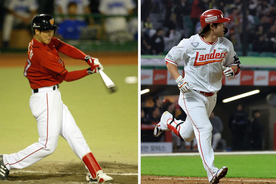 Left: Choi Jeong hits a two-run home run for the SK Wyverns in his sophomore year in the KBO in 2006. Right: Choi rounds the bases after tying the all-time KBO home run record with 467 career home runs on Tuesday.   [JOONGANG ILBO; YONHAP]