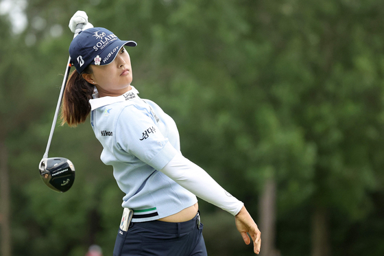 Korea's Ko Jin-young plays her shot from the fifth tee during the second round of The Chevron Championship at The Club at Carlton Woods on April 21, 2023 in The Woodlands, Texas. [YONHAP]