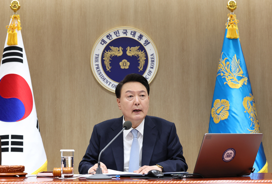 President Yoon Suk Yeol speaks in a Cabinet meeting held at the presidential office in Yongsan, central Seoul, on Tuesday. [YONHAP] 