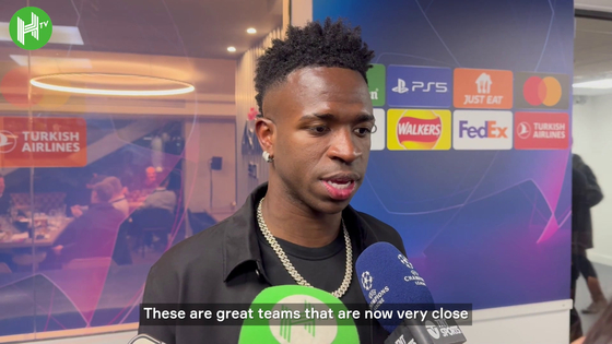 Real Madrid winger Vinicius Junior speaks after the second leg of the Champions League quarterfinals against Manchester City on Wednesday. [ONE FOOTBALL] 