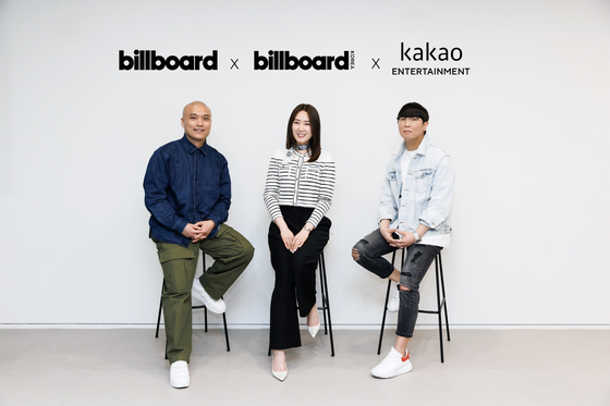 Heads of Billboard, Billboard Korea and Kakao Entertainment, from left: Mike Van, president of Billboard; Yuna Kim, publisher and CEO of Billboard Korea; and Joseph Chang, co-CEO of Kakao Entertainment [KAKAO ENTERTAINMENT]