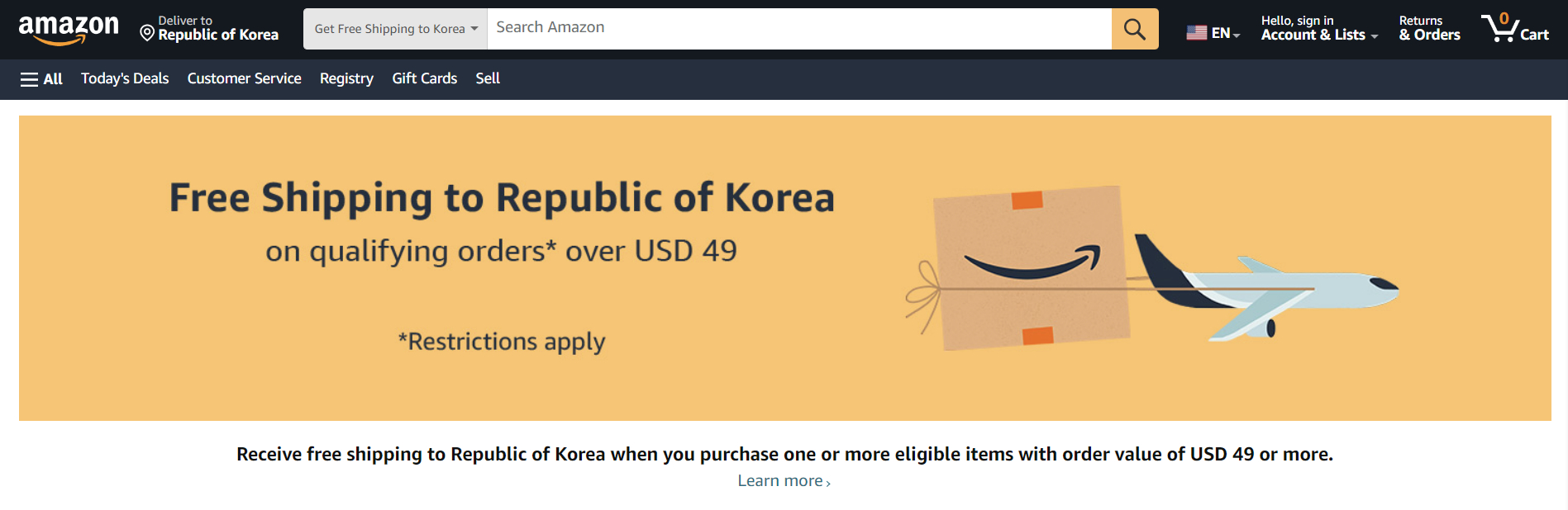 Amazon's website announces free shipping to Korea. [SCREEN CAPTURE]