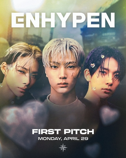 A promotional poster featuring Enhypen's Heeseung, Jay and Ni-Ki for the upcoming ceremonial first pitch before the Seattle Mariners' game on April 29. [SEATTLE MARINERS] 