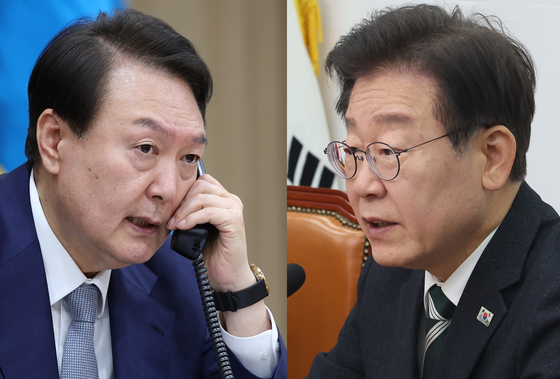 President Yoon Suk Yeol, left, and Democratic Party (DP) leader Lee Jae-myung are expected to hold their first official meeting this week, after holding a phone call on Friday. [NEWS1]