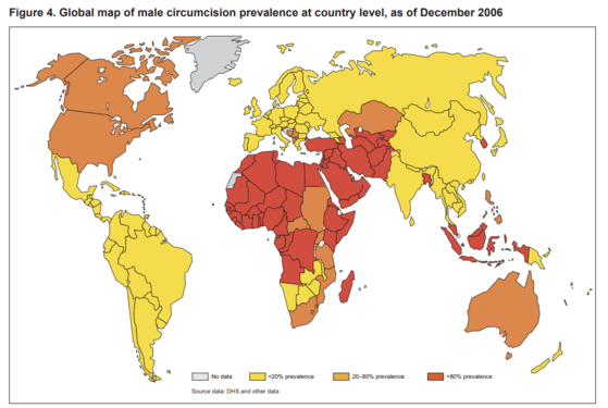Map of circumcision prevalence at country level as of 2006 [WORLD HEALTH ORGANIZATION]