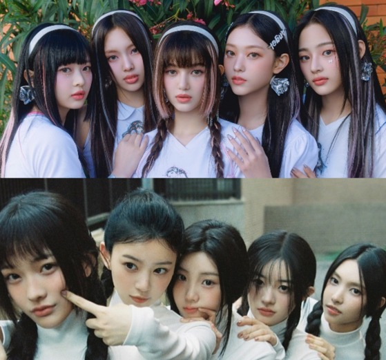 Girl groups NewJeans, pictured top, and ILLIT [ADOR, BELIFT LAB]