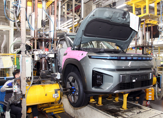 The Torres EVX being made at KG Mobility's plant in Pyeongtaek, Gyeonggi, on Tuesday [KG MOBILITY]