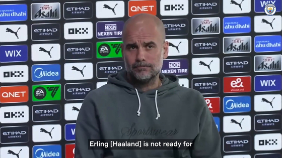 Manchester City manager Pep Guardiola speaks in a press conference ahead of a Premier League match against Brighton & Hove Albion on Thursday. [ONE FOOTBALL] 