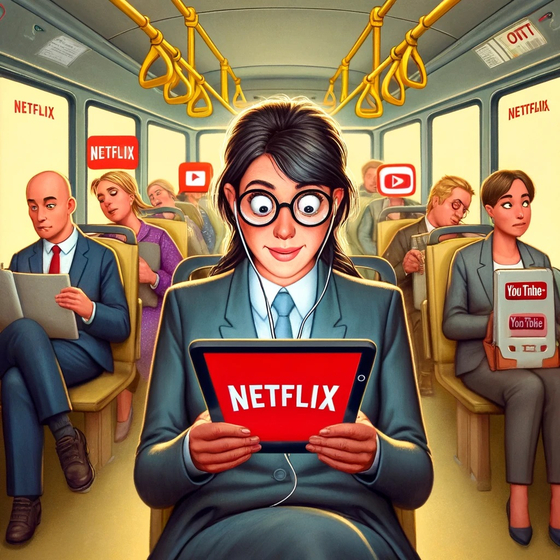 An image created by artificial intelligence system DALL·E after a request to make an image of an office worker watching a streaming platform like Netflix during their commute. [JOONGANG ILBO]