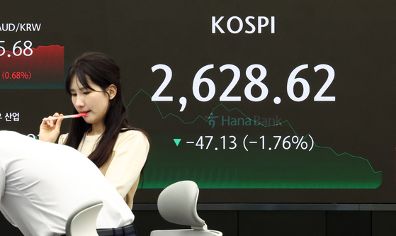 A screen in Hana Bank's trading room in central Seoul shows the Kospi closing at 2,628.62 points on Thursday, down 1.76 percent, or 47.13 points, from the previous trading session. [YONHAP]