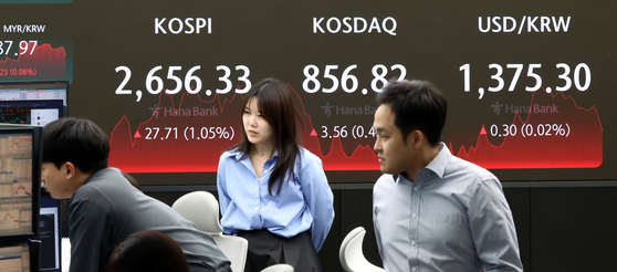 A screen in Hana Bank's trading room in central Seoul shows the Kospi closing at 2,656.33 points on Friday, up 1.05 percent, or 27.71 points, from the previous trading session. [YONHAP]