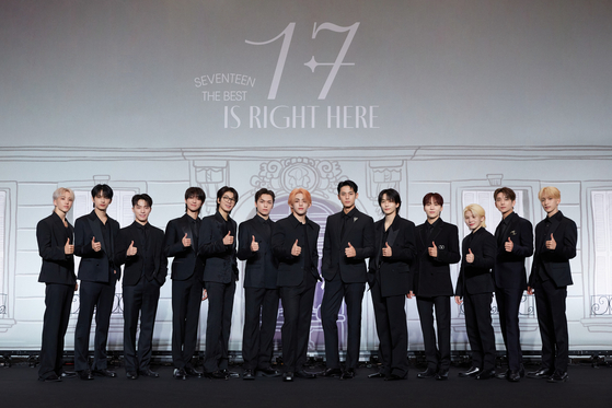 Seventeen poses for the camera during a press conference for the boy band's first compilation album "17 is Right Here," held at the Conrad Seoul hotel in Yeongdeungpo District, western Seoul ahead of its 6 p.m. release. [PLEDIS ENTERTAINMENT]