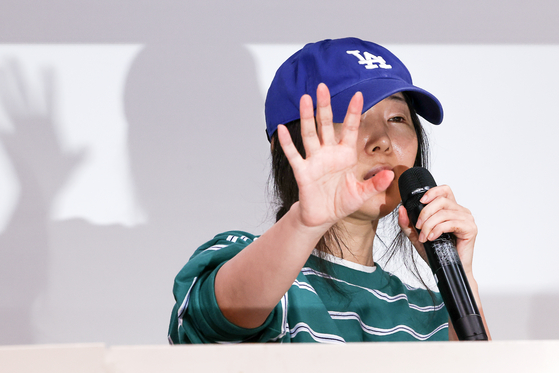 Min Hee-jin, producer of girl group NewJeans and the CEO of its agency ADOR, during a press conference held in southern Seoul on April 25 [YONHAP]