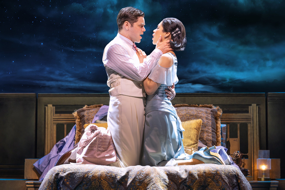 A scene from the ongoing Broadway musical "The Great Gatsby" produced by OD Company, at Broadway Theater, New York, starring Jeremy Jordan as Gatsby, left, and Eva Noblezada as Daisy [OD COMPANY]