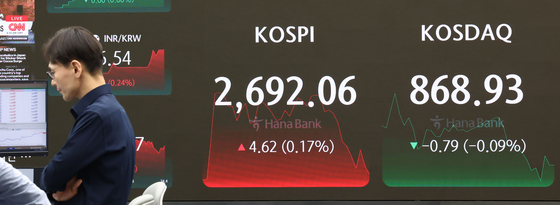  A screen in Hana Bank's trading room in central Seoul shows the Kospi closing at 2,692.06 points on Tuesday, up 0.17 percent, or 4.62 points, from the previous trading session. [YONHAP]
