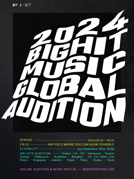 HYBE subsidiary BigHit Music, home to boy bands BTS and Tomorrow X Together, are holding auditions for prospective trainees for its new boy band. Any male born after 2006 can apply. [BIGHIT MUSIC]