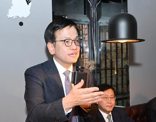Finance Minister Choi Sang-mok speaks to reporters in Tbilisi on May 4, 2024, in this photo released by the Ministry of Economy and Finance. [YONHAP]
