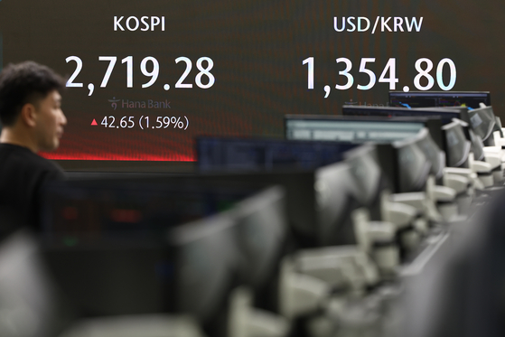 A screen in Hana Bank's trading room in central Seoul shows stock market prices as it opens on Tuesday. [YONHAP]