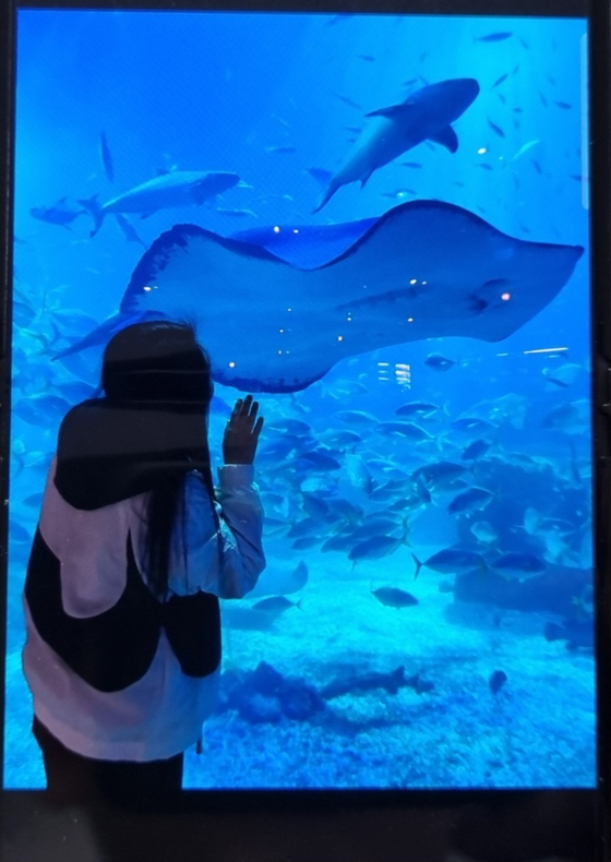 Yoo poses at an aquarium she visited in March 2023 during her trip to Jeju Island. [JOONGANG ILBO]