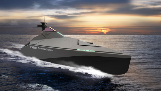 A rendered image of Tenebris, an unmanned surface vessel, under joint development by HD Hyundai Heavy Industries and Palantir Technologies [HD HYUNDAI]  