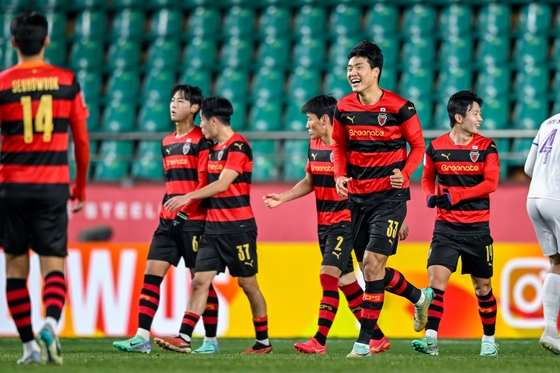 The Pohang Steelers celebrate during an AFC Champions League group stage match against Hanoi FC at Pohang Steelyard in Pohang, North Gyeongsang on Nov. 29, 2023. [AFC]