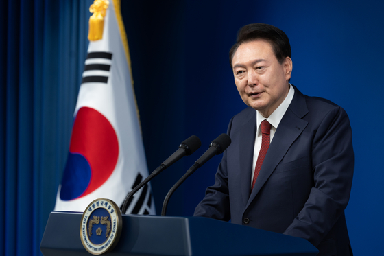 President Yoon Suk Yeol speaks during a press conference marking two years since the beginning of his term at the Yongsan presidential office on Thursday. [PRESIDENTIAL OFFICE]