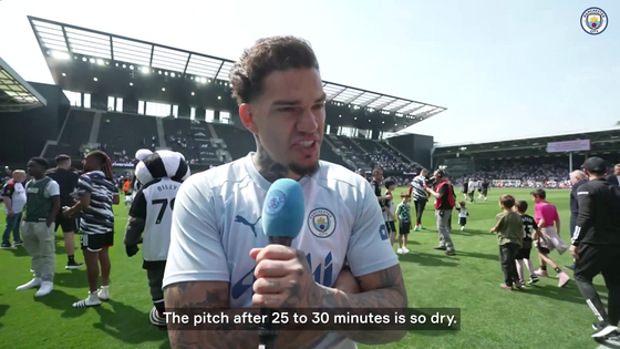 Manchester City goalkeeper Ederson speaks after a 4-0 win over Fulham in the Premier League on Saturday. [ONE FOOTBALL] 